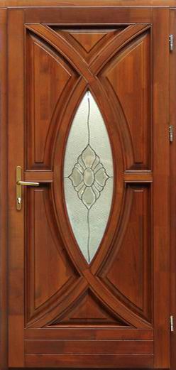 100x210 cm egyszárnyú borovi fenyő kültéri bejárati ajtó lazúr festett kivitelben tip:BJ13 Tiffany üveggel
