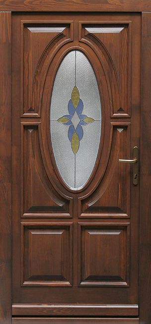 100x210 cm egyszárnyú borovi fenyő kültéri bejárati ajtó lazúr festett kivitelben tip:BJ17, üvegezett