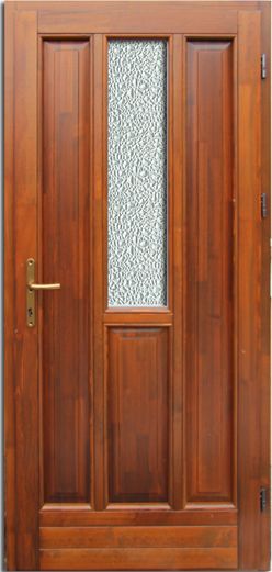 100x210 cm egyszárnyú borovi fenyő kültéri bejárati ajtó lazúr festett kivitelben tip:BJ20 Katedrál üveggel